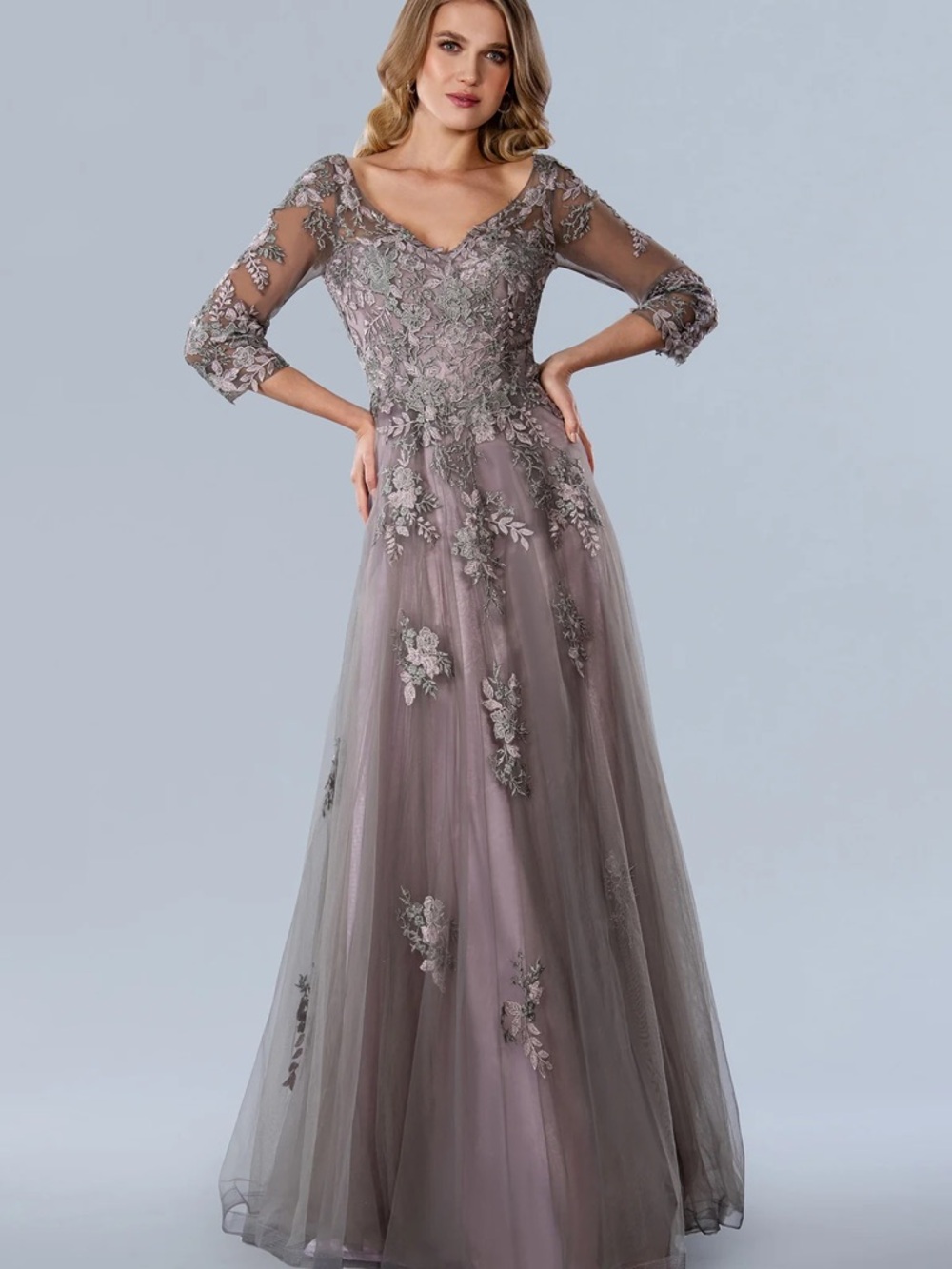 Embroidered Mauve Tulle Evening Gown with Illusion Sleeves